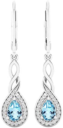 Dazzlingrock Collection 6X4mm Each Pear Blue Topaz & Round White Diamond Infinity Swirl Halo Style Teardrop Dangling Drop Earrings for Women in 14K White Gold