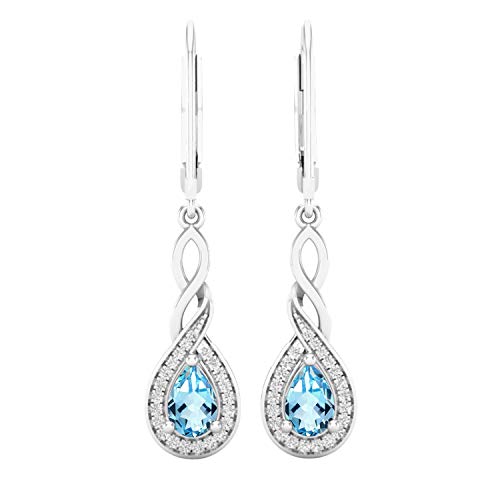 Dazzlingrock Collection 6X4Mm Each Pear Blue Topaz & Round White Diamond Infinity Swirl Halo Style Teardrop Dangling Drop Earrings For Women In 14K White Gold #TOP21