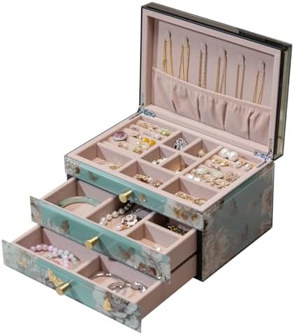 Glass Jewelry Box With Butterfly & Flower Patterns, 3-Tier Organi...