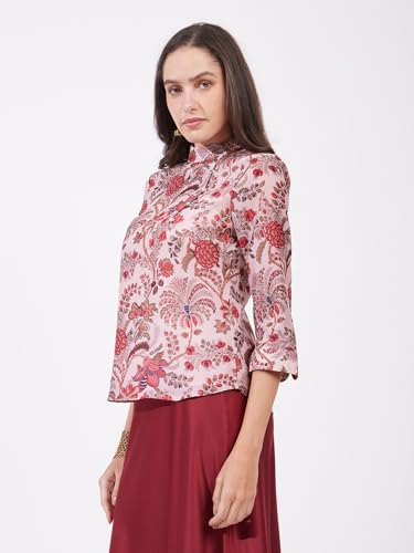 Image of FableStreet Women Formal Top | Asymmetrical Button Placket Band Collar Three-Quarter Sleeves | Pure Cotton Smooth Fabric for Office & Workwear