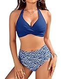 Vijamiy Bikinis Mujer Braga Alta Bañadores Traje de Baño Reductores 2 Piezas Conjunto de Halter Top Bikini Cuello En V Push Up(Azul,L)
