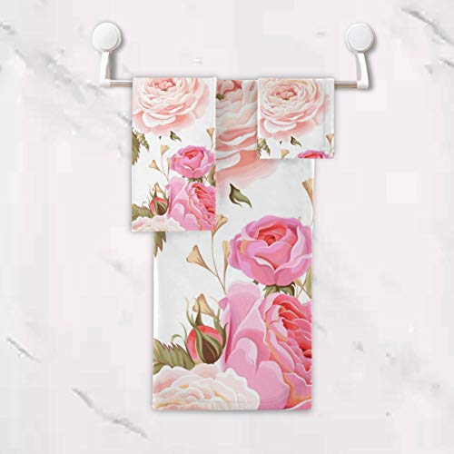 Susiyo 3 Piece Bath Towel Set, Soft Highly Absorbent Bathroom Towels Beautiful Floral Pink Roses Towels Fashion Print Quality Towels (Set Of 3, 1 Bath Towel, 1 Hand Towel & 1 Washcloth) #TOP4