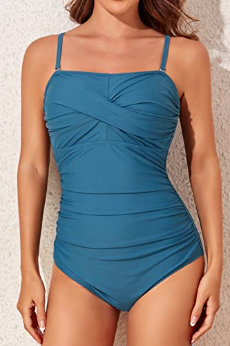 Image of Smismivo Tummy Control Swimwear Strapless One Piece Swimsuit Ruched Bathing Suits for Women Slimming Bandeau Tube Top Bikini