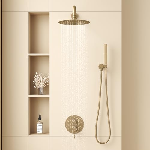 Image of BESy Shower System with 10 Inch Round Rain Shower Head and Handheld Wall Mounted, High Pressure Rainfall Shower Faucet Fixture Combo Set with 2 in 1 Handheld Showerhead for Bathroom, Brushed Gold