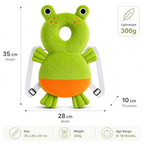 Image of GLUN Baby Head Protector Backpack, Pack of 1 Cute Frog Soft Cushioning, Adjustable Shoulder Belt, Head Protection Back for 6-18 Month Toddler Kids