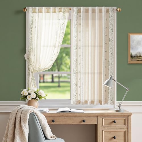 Image of jinchan Green Floral Linen Kitchen Tier Curtains 54 Inch Back Tab 2 Panels