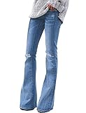  Roskiky Damen Stretch Denim Flare Jeans Schlaghosen Ausspülen Wash Out Jeans Hellblau Größe L