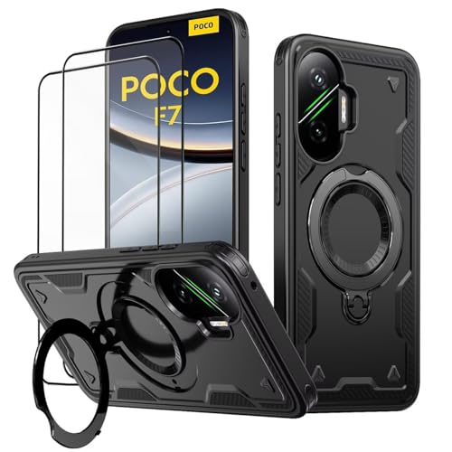 KANSi Hülle für Xiaomi Poco F7 / Poco F7 5G mit Schutzglas*2, Militär Handyhülle Ständer Stoßfest Gehäuse mit Metallring Ringhalterung - Panzerhülle Schwarz