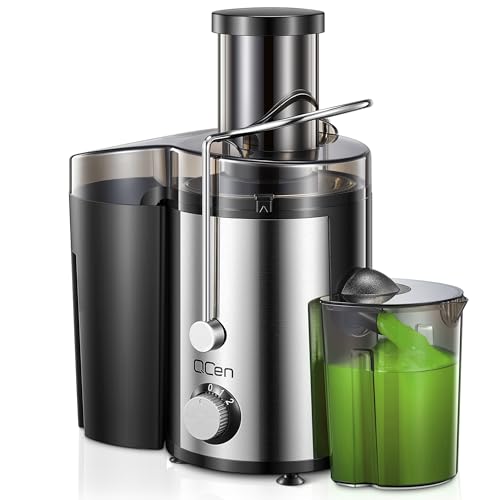 QCen Entsafter, Zentrifugal-Entsafter mit 3-Zoll-Einfüllschacht, leicht zu reinigen, Edelstahl, BPA-frei, ideal für Obst und Gemüse (Sliver, 800W)