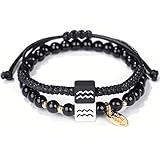 QHGT Armband Mädchen,Handgemachte Freundschaft Geflochtenes Armband 2Pcs Schwarz Weiß Quadratische Geometrie Zwölf Konstellationen Wassermann Verstellbares Seil Armreif Schmuck Für Frauen Mädchen Pa