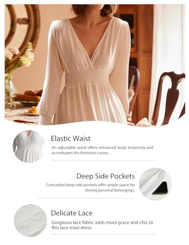 Image of Olaesa Long Sleeve Boho Maxi Dress for Women Lace Wedding Guest Dress | Spring Fall Bohemian Dress, Long Flowy Family Photo Dress with Pockets, V Neck Long Western Vacation Outfits
