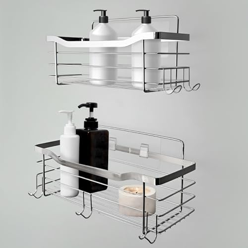 Image of IBELL Stainless Steel Wall-Mounted Floating Shelf for Bathroom, Living Room and Kitchen | Corner Rack for Bathroom | Shampoo Holder Multipurpose Bathroom Shelf with Adhesive(Pack of 2) IBL FX-05