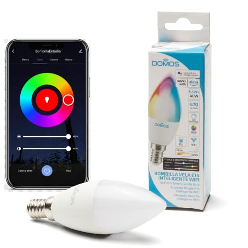 Domos - Bombilla Wifi Inteligente LED Tipo Vela Luz de Colores de 5.5W | Bombilla E14 Regulable y Programable Smart Home | Compatible con Alexa y Google Assistant | Cambio de Color RGB e Intensidad