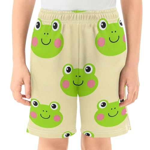 J JOYSAY Cartoon Frog Face Beige Boys Athletic Shorts Kids Youth Casual Shotrs with Elastic Waistband Pockets2