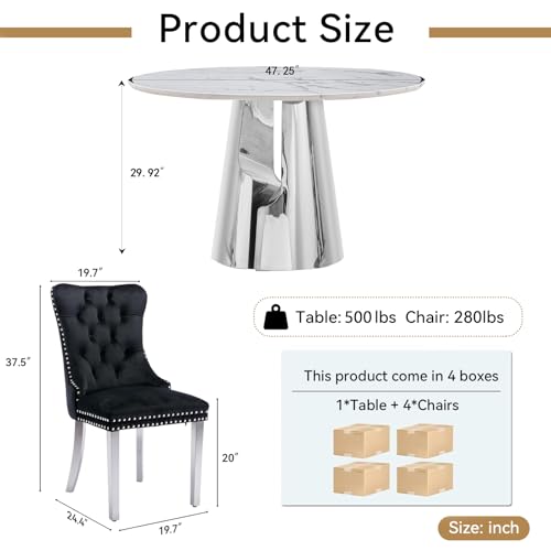 Image of 5-Piece Round Dining Table Set for 4, Modern Faux Marble Kitchen Table and Black Velvet Chairs Set of 4, Luxury 45 inch Circle White Silver Dining Room Tables with Stainless Steel Base