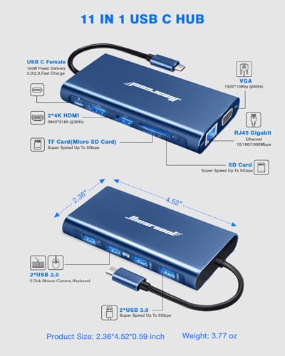 Image of Hiearcool USB C Docking Station, 11-in-1 Dock, HDMI, VGA, Ethernet, Blue