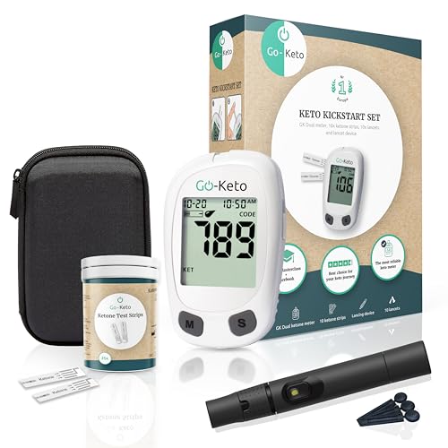 Go-Keto Kickstart Set mg/dl | Cétones Mesureur, 10 bandelettes de test de cétone et autres accessoires | Ketone Check pour la maison et la route