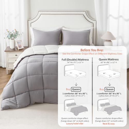 Image of KASENTEX Queen Comforter Set, Reversible,Goose Down Alternative,All Season | 250 GSM Fill, Ultra-Soft, Lightweight, Machine Washable, 1 Comforter + 2 Pillow Shams, Gull /Jet Stream