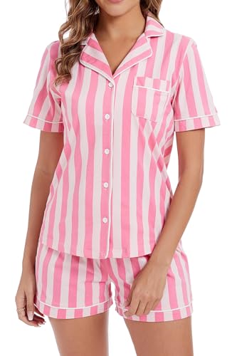 Image of LUBOT 100% Cotton Pajamas for Women 2 Piece PJ Set Button-Down Soft Knit Short Sleeve Summer Sleepwear Loungewear XS-XXL