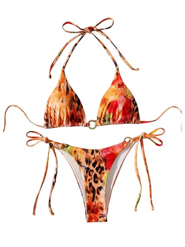 Floerns Women's 2 Piece Swimsuits Cheetah Floral Triangle Halter Bikini Tie Side Ring Bathing Suit