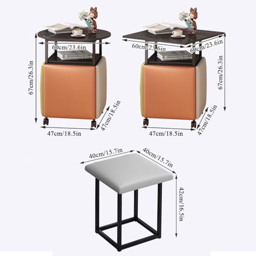Table basse ronde et 4 tabourets en simili cuir noir encastrables