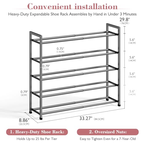 Image of Bumusty 5-Tier Expandable Shoe Rack for Closet, 18 inch-33 inch Adjustable Shoe Rack for Small Space, Small Shoe Organizer for Front Door, Sturdy Metal (Grey)