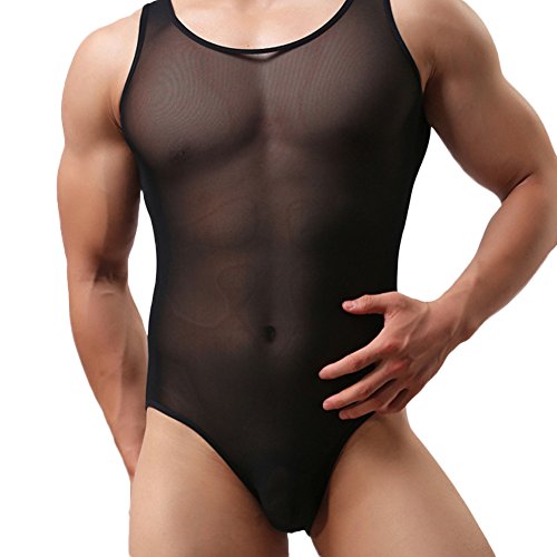 Abafip Men's Sheer Mesh Bodysuit Sleeveless Semi See Through Singlet Undershirt One Piece Tank Bodysuit Mankini Swimwear Lingerie Underwear Black X-Large #TOP2