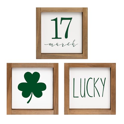 pechpell 3 Pcs St Patricks Day Wooden Sign, Saint Patrick's Green Lucky Shamrock Wall Decor Art, Irish Indoor Wood Table Top Shelf Tiered Tray Mantel Office Desk March Farmhouse Decorations for Home