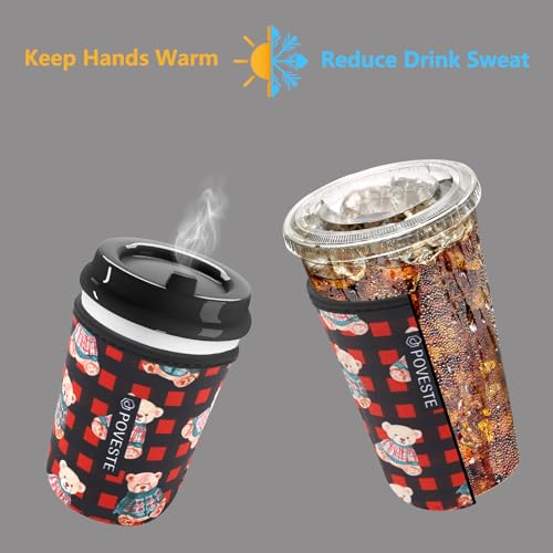 Image of Reusable Neoprene Insulator Sleeve for Iced Coffee & Cold Soda, Coffee Sleeves for Iced & Hot Drinks, Cold Beverage Cooler Compatible with Starbucks, Dunkin (Plaid Bear, Small: 16-18oz)