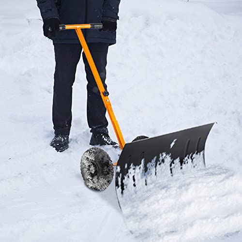 Snow Shovel with Wheels Rolling Snow Pusher Shovel Snow Pusher with Adjustable Height & Angle for Snow Removal Heavy Duty Directional Wheeled Snow Shovel for Driveway 29