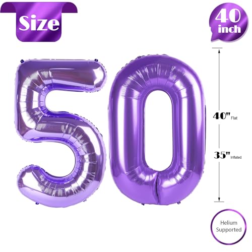 Image of Purple Number 50 Balloon 40 Inch, 50th Birthday Party Decorations, Giant 50 Foil Balloon for Party Supplies