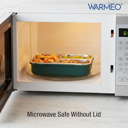 Image of WARMEO BENTO Microwave-Safe Stainless Steel Lunchbox with 3 compartments,bpa Free,Perfect for Office, School, Travelling, 750ml-Green