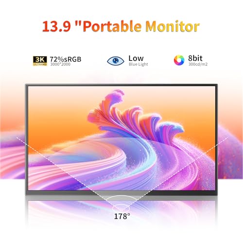 Image of Portable Monitor 13.9 inch 3K QHD 3072x1920 350 Nits 72% sRGB USB-C HDMI Travel Monitor for Laptop PC PS4, Screen Extender with Kickstand, VESA Mountable