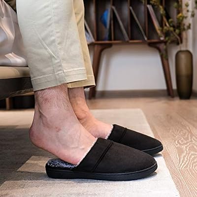 DL Men's Memory Foam Slippers with Fuzzy Plush Lining, Slip on House Slippers with Indoor Outdoor Anti-Skid Rubber Sole