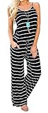 Artfish Women Casual Sleeveless Spaghetti Strap Striped Lounge Pajama Jumpsuit (Black Striped, M)