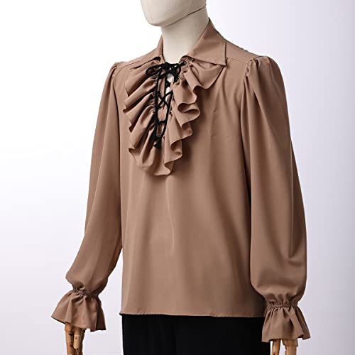 GRACEART Mens Pirate Shirt Ruffle Colonial Shirt Renaissance Poet Frilly Shirt Steampunk Vampire Gothic Costume Khaki - Image 2