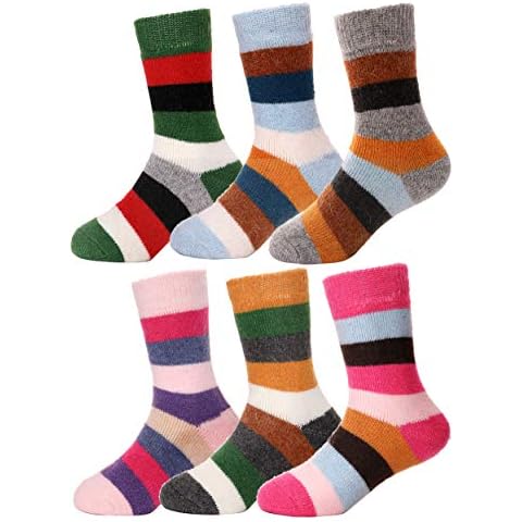 EBMORE Kids Wool Socks for Boys Toddlers Girls Warm Winter Walking Thick Cosy Thermal Boot Heavy Crew Snow Soft Child Hiking Gift Socks 6 Pairs(Stripe,1-3 Y) Cover