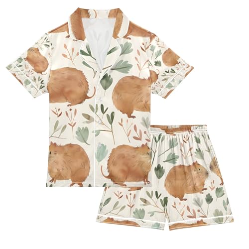 senya Capybara Leaves A Satin Summer Pajama Sets Silk Short Sleeve Button Down Sleepwear