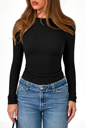 PRETTYGARDEN Womens Tops 2025 Fall Long Sleeve Fitted T Shirts Waffle Ruched Crop Shirt Basic Knit Workout Y2k Clothes4