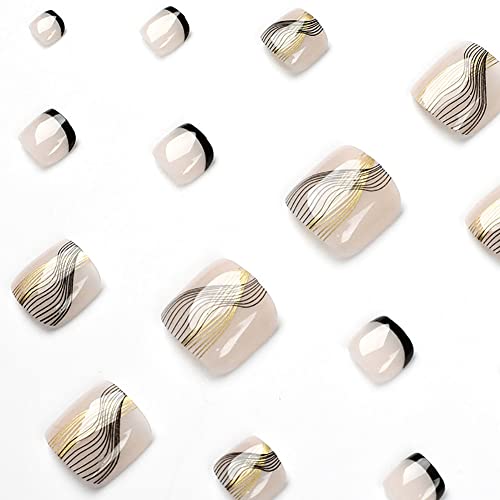 Clataly 24pcs Square Flowers Fake Toenails Glossy Glitter Press on Toe Nails Short Acrylic False Toes Nails Artificial Toenail for Women Girls (B) - Image 3