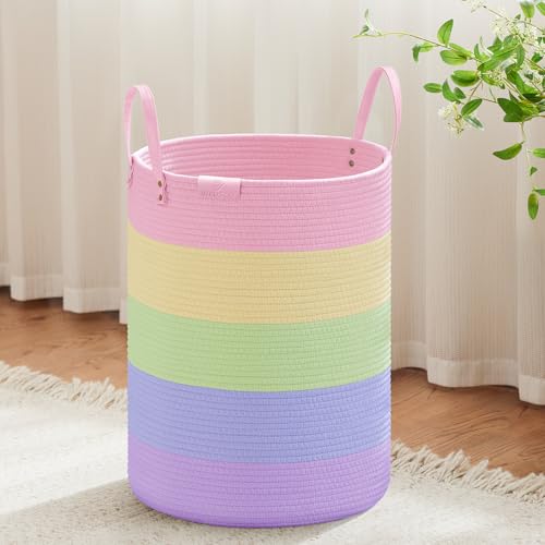 Image of VIPOSCO 58L Tall Woven Rope Laundry Hamper, Leather Handles, Rainbow | Large Wicker Laundry Basket for Dirty Clothes, Blanket, Toy, Towel, Yoga Mat, Storage Bin in Bedroom, Bathroom, Living Room