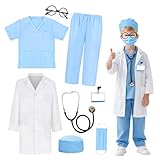 Kinder Arzt Kostüm, 8 Stück Arztspielset mit Arztkittel Kinder, Stethoskop & Zubehör, Arzt Scrubs Set, Krankenschwester Kostüme für Mädchen, Junge, Dress Up Spielzeug für Halloween (Blau, 110cm)