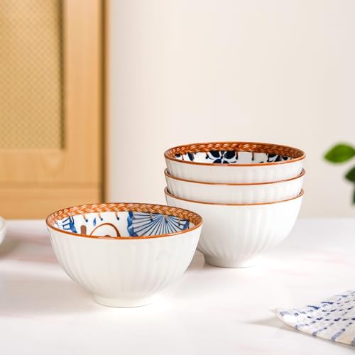 Image of Nestasia Ceramic Snack Bowl Set of 4 (300ml Each) - Dishwasher & Microwave Safe Bowl Set for Serving Soup, Rice, Dal, & Salad | Ribbed White Printed Bowls with Glossy Finish - Ideal for Gifting