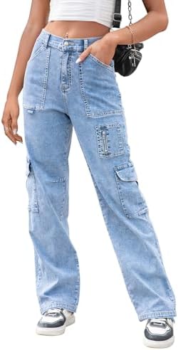 IVIR Cargohose Damen hohe Taille breites Bein Casual Hosen mit 7 Taschen elastische Schnüre Baggy Y2K Hosen