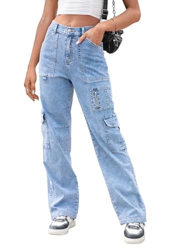IVIR Cargo Jeans for Women Jeans High Waisted Wide Leg Baggy Jeans Y2K Cargo Pants Light Denim Blue Medium