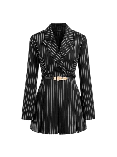 CIDER Blazer Dress Women Work Office Striped Split Button Collar Neck Mini Dress with Belt