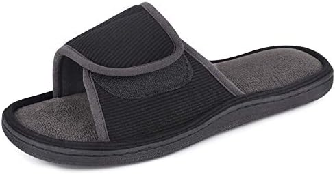 Snug Leaves Men's Memory Foam Open Toe Slide Slippers Spa House Shoes with Adjustable Wrap (11-12 D(M) US, Black/Dark Gray)
