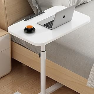 Height Adjustable Overbed Table with Wheels, C Shaped Laptop Desk, Portable Rolling Bedside Table for Living Room, Bedroom, Brown Whit