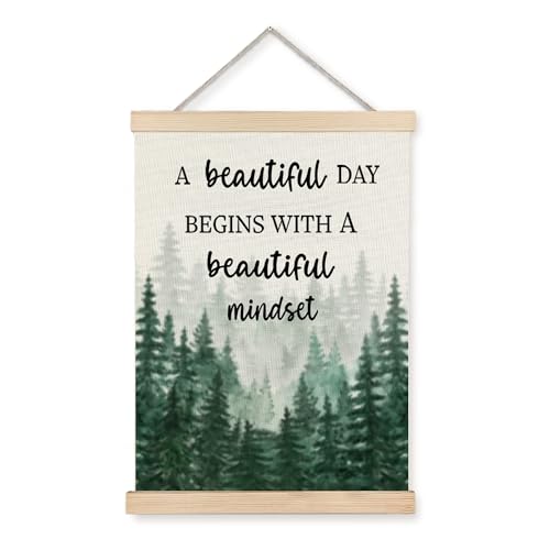 Mindset Framed Canvas Wall Art - A Beautiful Day Begins with a Beautiful Mindset Hanging Canvas Wall Decor for Bedroom Office, Nature Forest Mountain Positive Hanging Poster, Inspirational Gifts for Women