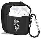 MAYCARI Dragon Case for AirPods 1&2 with Keychain, Cute Aesthetic Art Line Animal Design Protective Soft TPU Cover Compatible with AirPods Black Charging Case for Women Girls